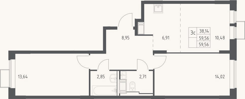 Планировка: 3-к, 59,6 м²