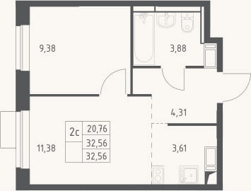 Планировка: 2-к, 32,6 м²