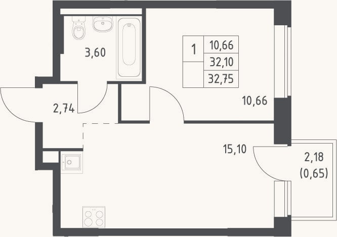 Планировка: 2-к, 32,1 м²