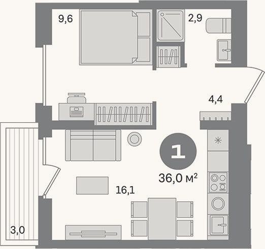 Планировка: 1-к, 33 м²