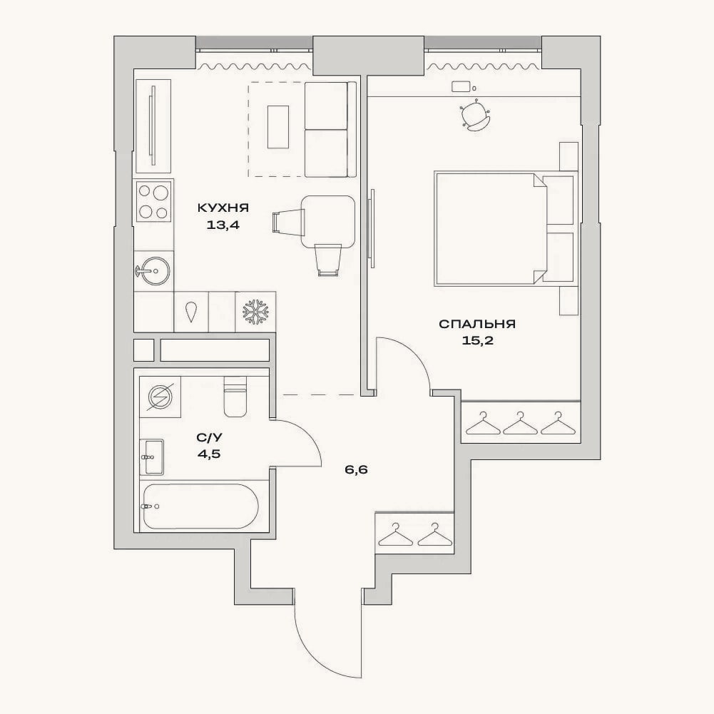 Планировка: 1-к, 39,7 м²