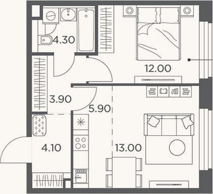 Планировка: 2-к, 43,2 м²