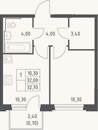 Планировка: 1-к, 32 м²