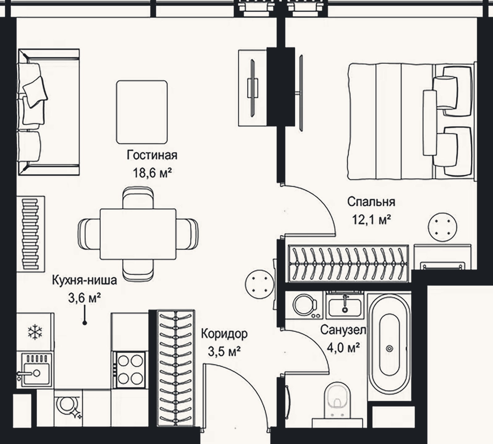 Планировка: 2-к, 41,8 м²