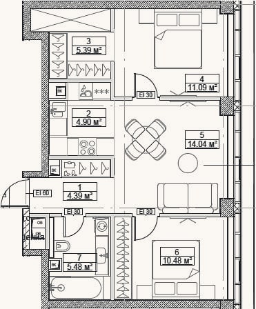 Планировка: 3-к, 55,8 м²