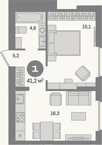 Планировка: 1-к, 41,2 м²