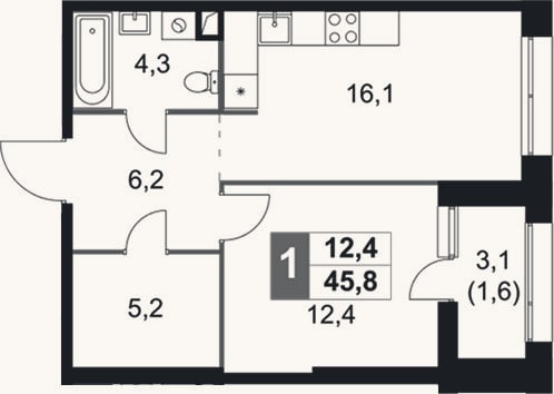 Планировка: 2-к, 44,2 м²