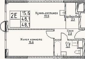 Планировка: 2-к, 48,1 м²