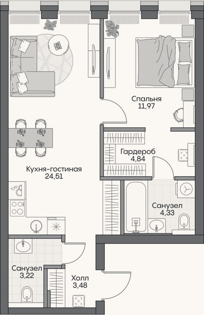 Планировка: 2-к, 51,9 м²