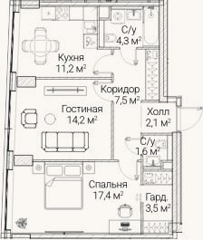 Планировка: 2-к, 61,3 м²
