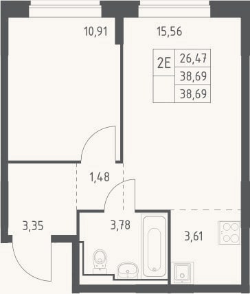 Планировка: 2-к, 38,7 м²