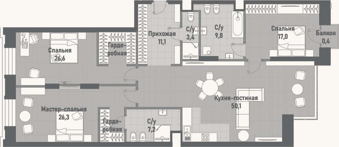 Планировка: 4+ к, 152,3 м²