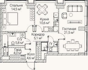 Планировка: 2-к, 68,9 м²