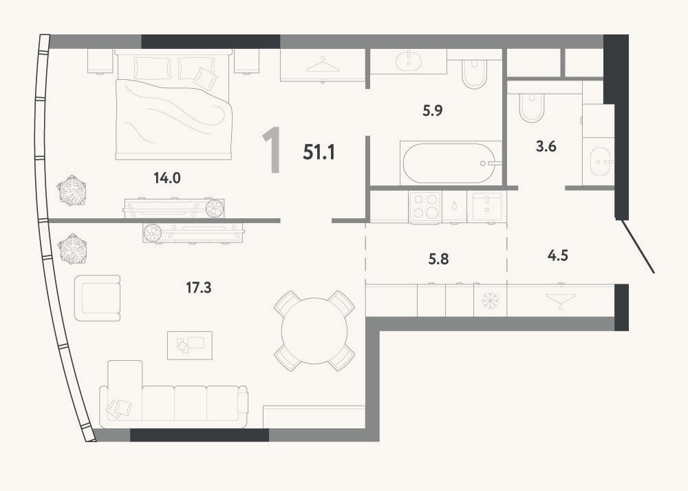 Планировка: 2-к, 51,1 м²