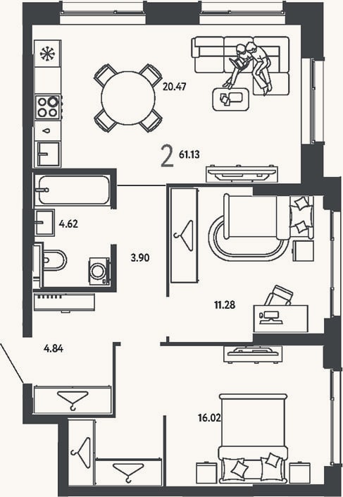 Планировка: 2-к, 61,1 м²