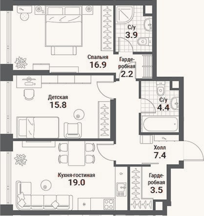 Планировка: 3-к, 73,1 м²