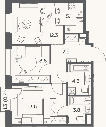 Планировка: 3-к, 56,1 м²