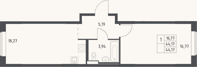 Планировка: 2-к, 44,2 м²