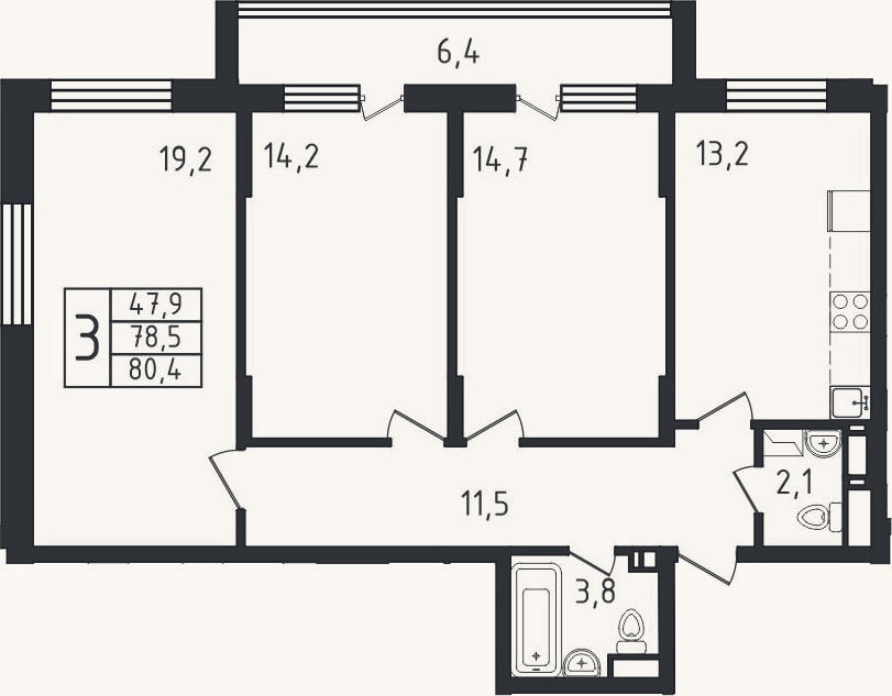 Планировка: 3-к, 78,5 м²