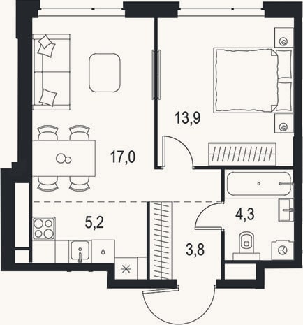 Планировка: 2-к, 44,2 м²