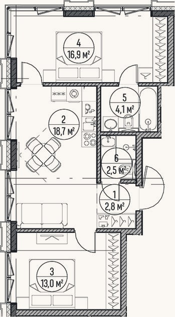 Планировка: 3-к, 58 м²