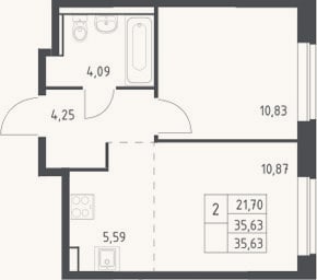 Планировка: 2-к, 35,6 м²