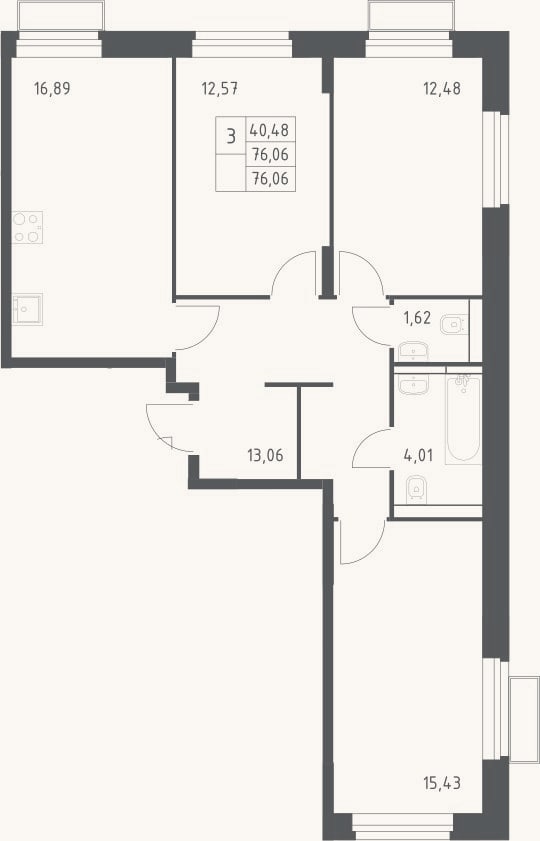 Планировка: 3-к, 76,1 м²