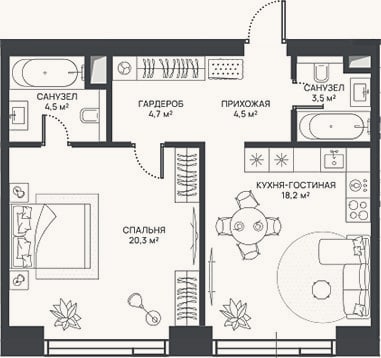 Планировка: 2-к, 55,7 м²