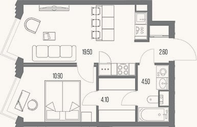 Планировка: 1-к, 41,6 м²