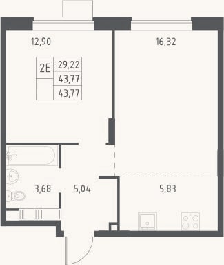 Планировка: 2-к, 43,8 м²