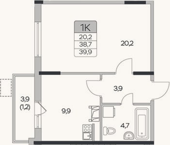 Планировка: 1-к, 38,7 м²