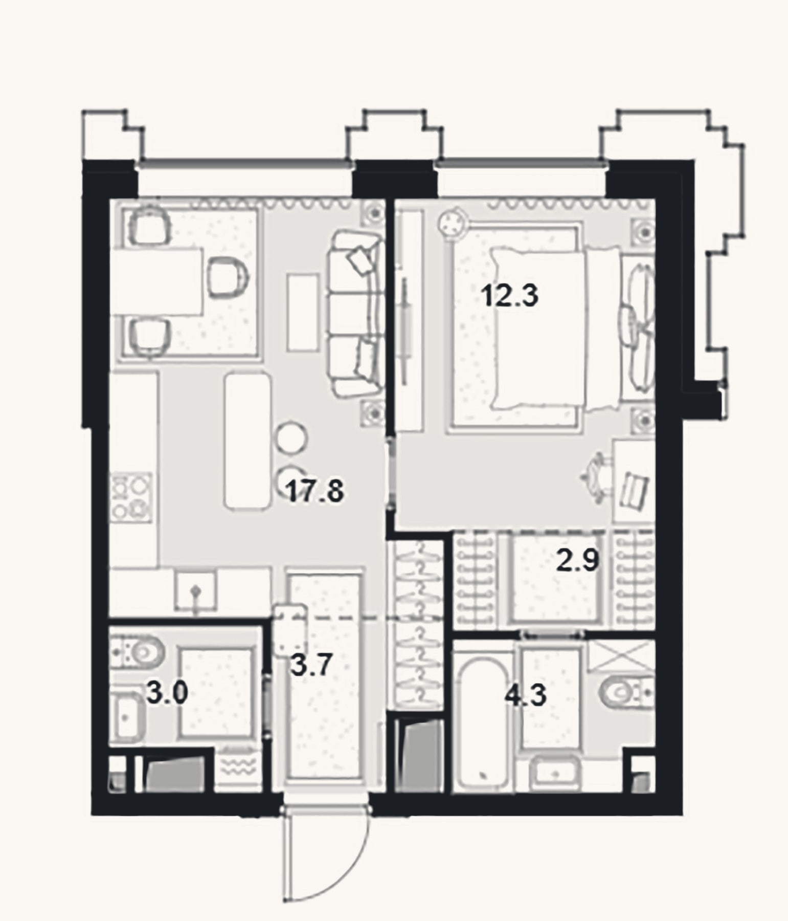 Планировка: 1-к, 44 м²