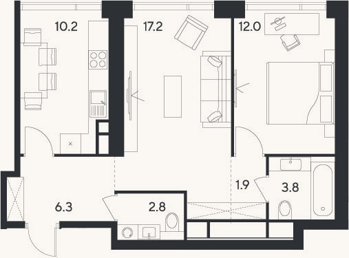 Планировка: 2-к, 54,2 м²
