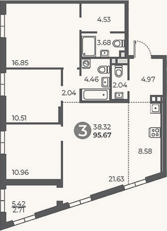 Планировка: 3-к, 93 м²