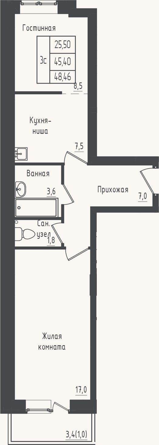 Планировка: 1-к, 45,4 м²