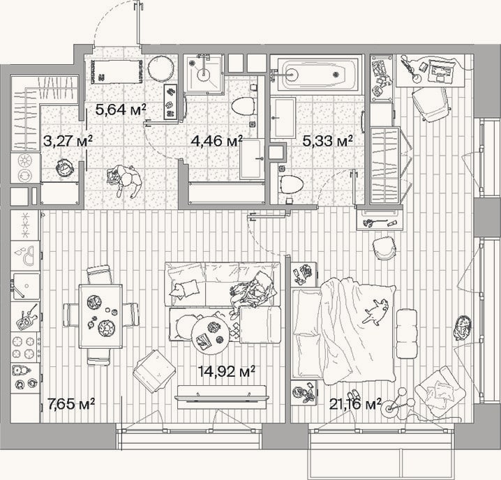 Планировка: 2-к, 62,4 м²