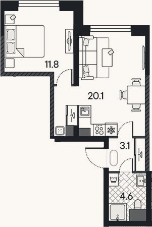 Планировка: 2-к, 39,6 м²
