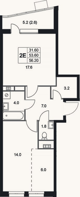 Планировка: 2-к, 53,6 м²
