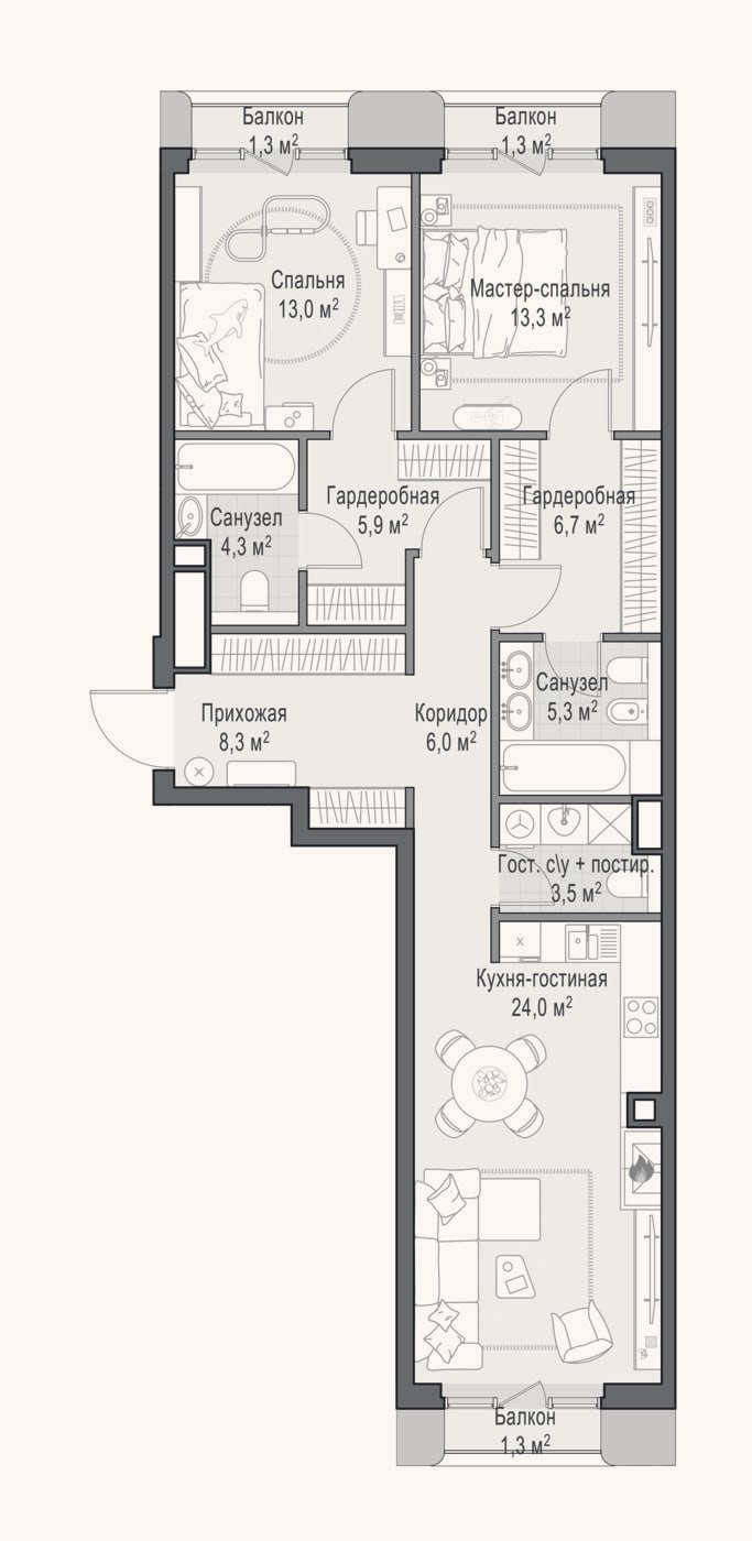 Планировка: 3-к, 90,2 м²