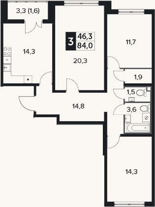 Планировка: 3-к, 82,4 м²