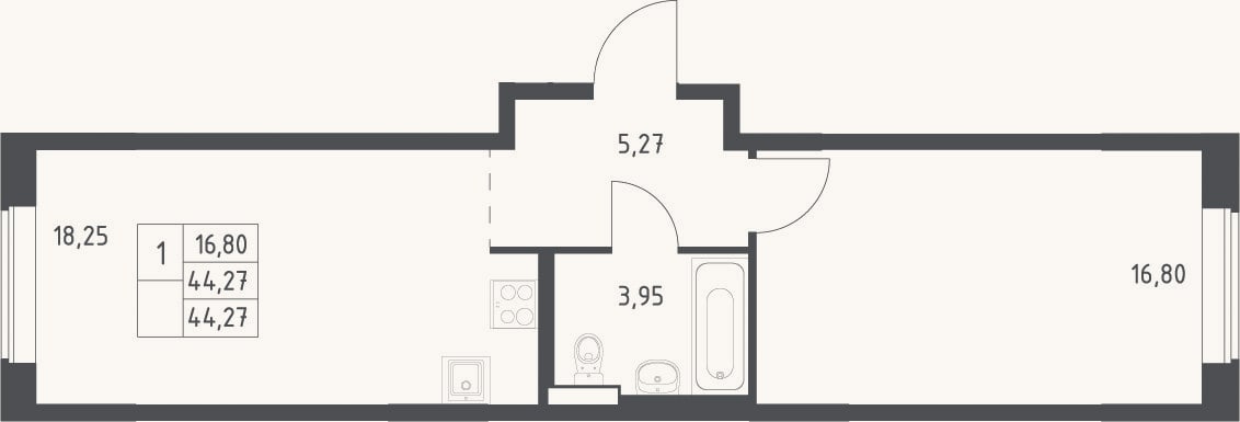 Планировка: 2-к, 44,3 м²