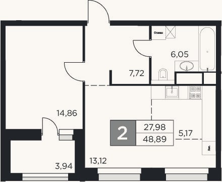 Планировка: 2-к, 46,9 м²