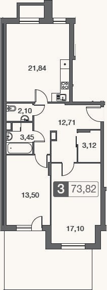 Планировка: 3-к, 73,8 м²