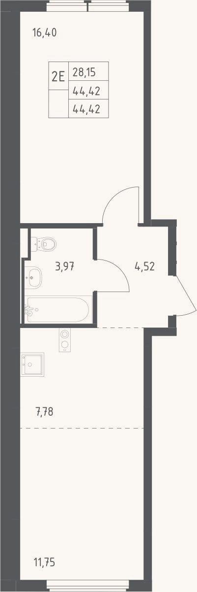Планировка: 2-к, 44,4 м²