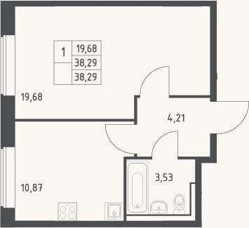 Планировка: 1-к, 38,3 м²