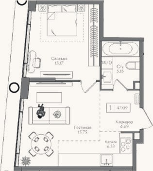 Планировка: 2-к, 47,1 м²