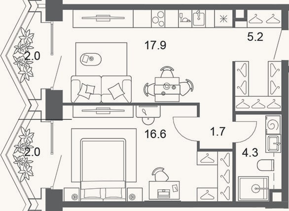 Планировка: 2-к, 45,7 м²