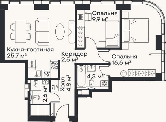 Планировка: 3-к, 66,4 м²