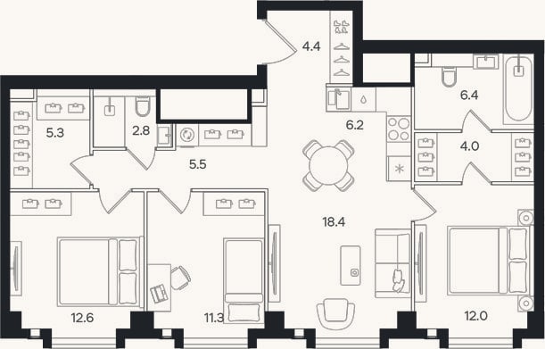 Планировка: 4+ к, 88,9 м²