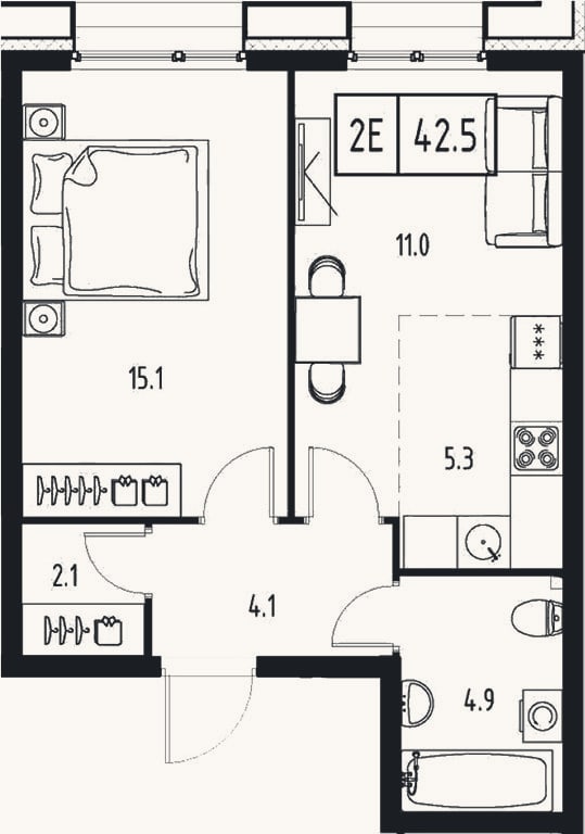 Планировка: 2-к, 42,5 м²